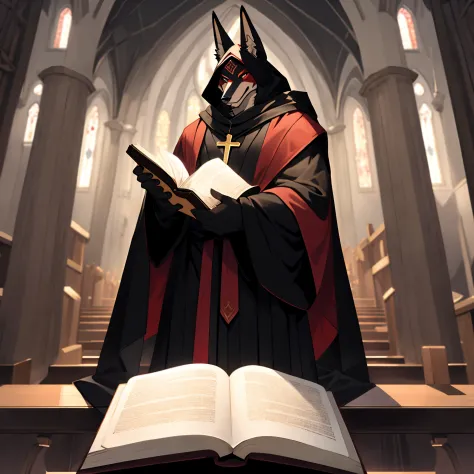 a muscular anthropomorphic jackal holding a book with red mask and black robes, church background,