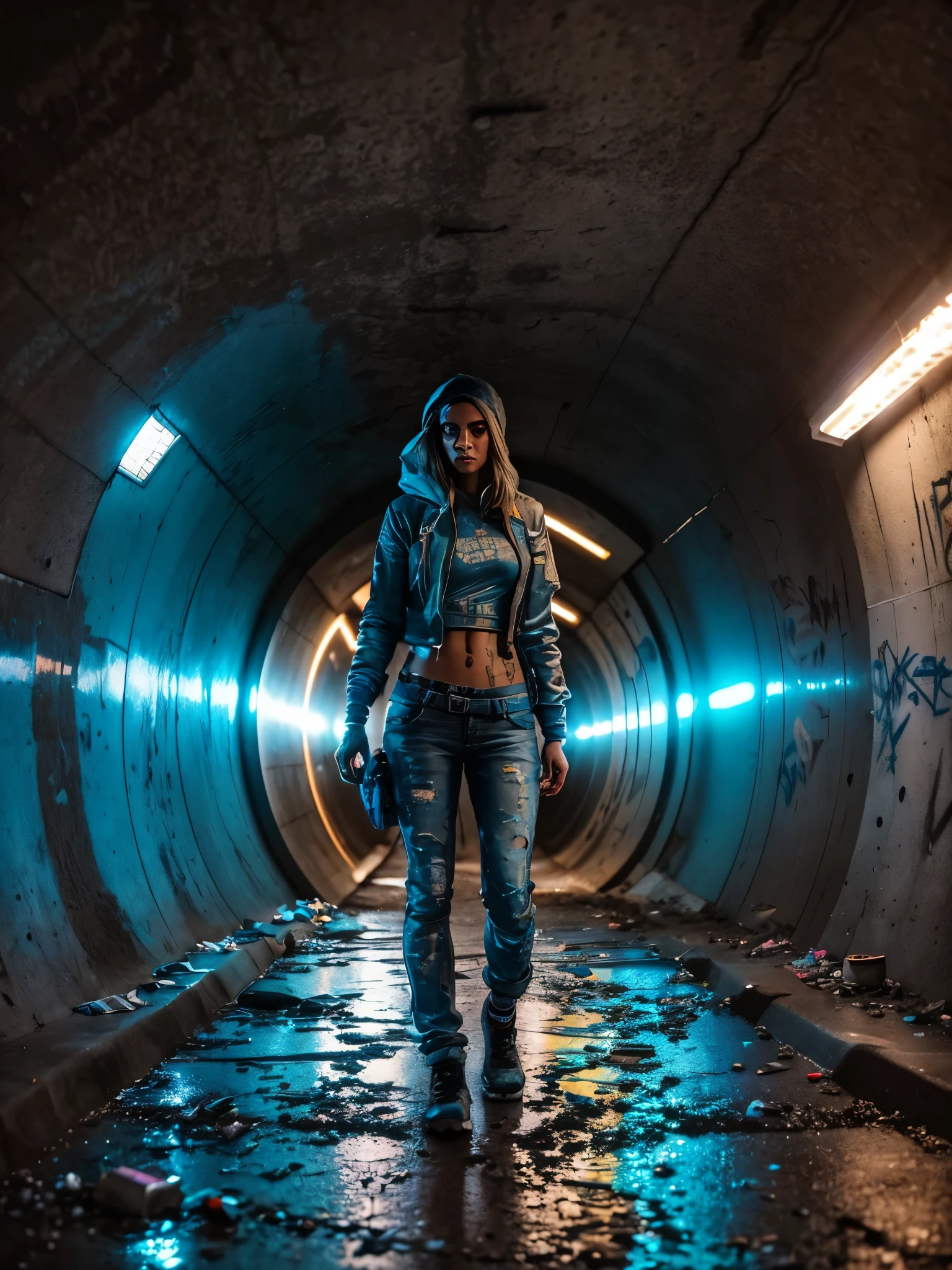 A small concrete tunnel covered in spray paint graffiti, small puddle with reflection, low camera angle, tunnel luminated with blue florescent light, cracked concrete, debris and garbage scattered realistically, dirty concrete, cinematic light, 4k,realism, graffiti, cyborg woman with glowing amber eyes in the far end of the tunnel