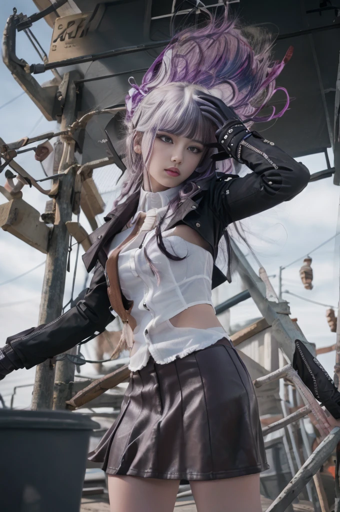 photo realistic, masterpiece, realistic, high contrast, hyper detailed, best quality, ultra high res, photo realistic, high resolution, detailed, raw photo, kirigiri kyoko, Long hair, Purple hair, Side braid, Blunt bangs, Hair Ribbon, a black ribbon, High collar, Brown tie, black leather motorcycle jacket, Long sleeves, Black leather Gloves, Black mini skirt, Pleated skirt, Black long boots, Full Shot, Danganronpa \(Series\), Street, Full Shot, Looking at Viewer, White shirt, woman, (((from below))), busy city, foreshortening, (seductive pose), looking at viewer, mad, (eye contact), japanese girl,