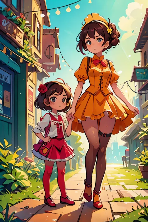 a women and a little gir standing next to each other on a sidewalk, alena aenami and lilia alvarado, fashion model, modeling for...