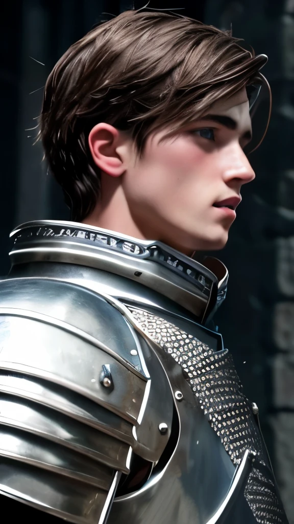 A young man, European medieval scene, medieval knight in armor, shirtless, pecs, abs, handsome, attractive boy, European boy, best quality, cinematographic, the most handsome boy, strong jaw, harmonious face, focus on the boy, heroic, medieval hero, photo realism, movie scene, medieval fantasy