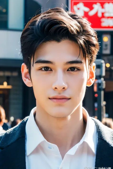 Photorealsitic, 8K full body poster, Beautiful Boys, japanes, An 18-year-old man, A charming expression, detailed face details, TOKYOcty, Winters, Shibuya in the background
