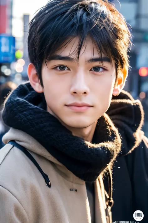 Photorealsitic, 8K full body poster, Beautiful Boys, japanes, An 18-year-old man, A charming expression, detailed face details, TOKYOcty, Winters, Shibuya in the background
