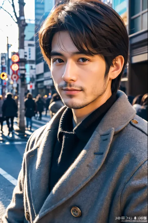 Photorealsitic, 8K full body poster, a handsome, japanes, a 25-year-old man, A charming expression, detailed face details, TOKYOcty, Winters, Shibuya in the background