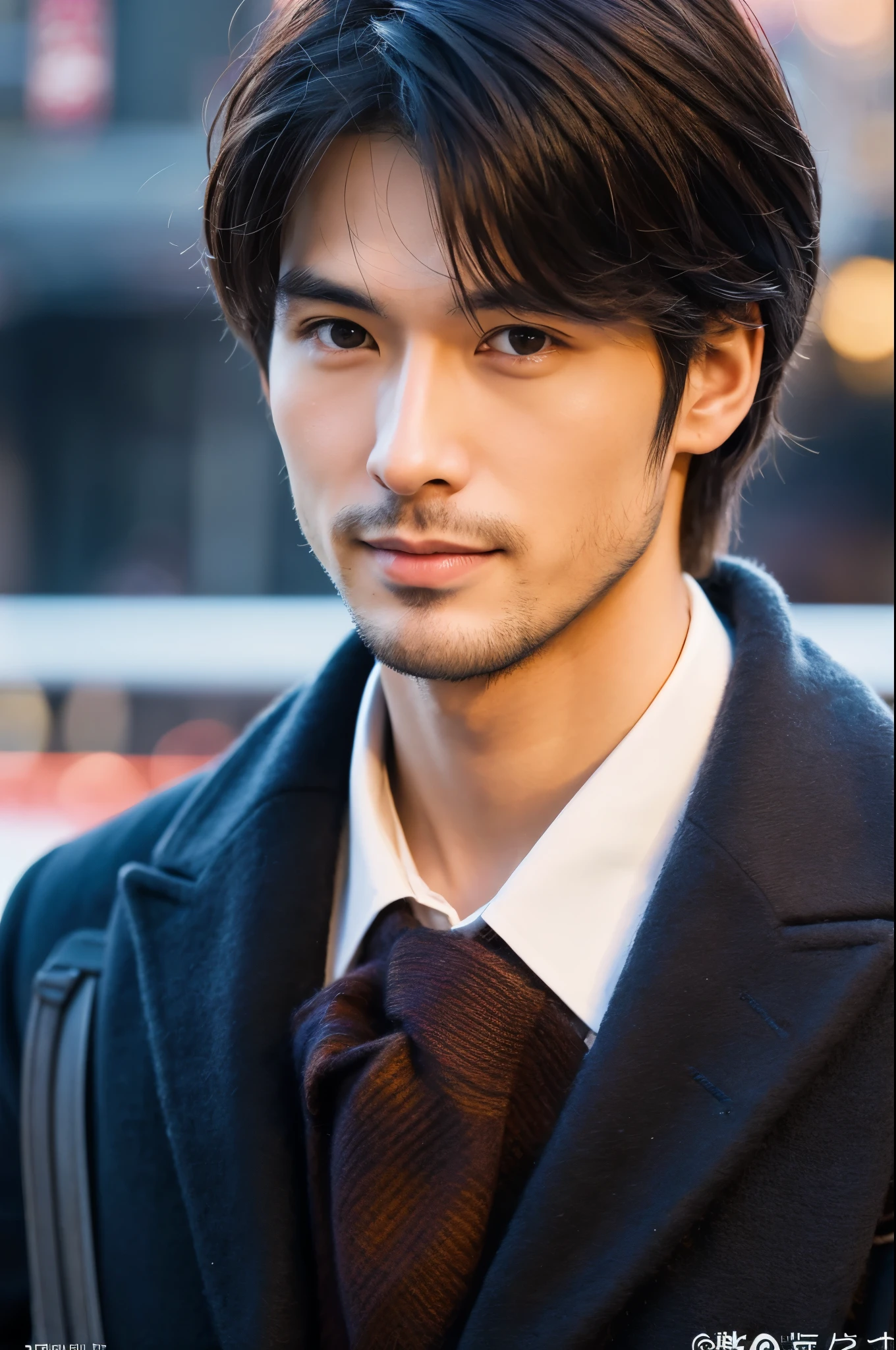 Fotorrealista, Póster de cuerpo completo en 8K, un guapo, japonés, un hombre de 25 años, Una expresión encantadora, detalles detallados de la cara, TOKIOcty, inviernos, Shibuya al fondo