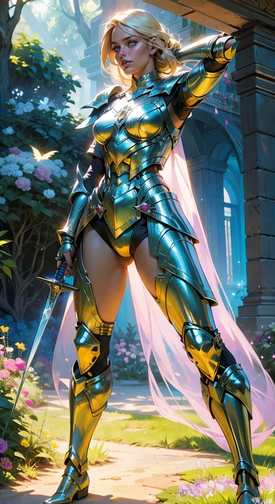 A girl holding a magical sword, surrounded by vibrant colors and a beautiful garden, with flowing blonde hair, bright blue eyes, and a determined expression. The girl is wearing a shining armor, decorated with intricate details and patterns. She stands tall and confident, ready to fight for justice and protect the innocent. The sword in her hand emits a powerful glow, illuminating the surroundings. The garden is filled with blooming flowers of various colors, creating a lively and enchanting atmosphere. Birds are singing and flying freely in the sky, adding a touch of liveliness to the scene. The sunlight shines through the trees, casting beautiful golden rays on the girl and the garden. The overall image should have the best quality and resolution, capturing every fine detail of the girl, her armor, and the garden. The colors should be vivid and vibrant, enhancing the magical and fantastical feel of the scene. The lighting should be soft and warm, creating a dreamy and ethereal ambiance. [female protagonist], [powerful weapon], [magical atmosphere], [intricate armor], [blooming flowers], [lively birds], (best quality, highres), [vibrant colors], (professional lighting), [dreamy ambiance].