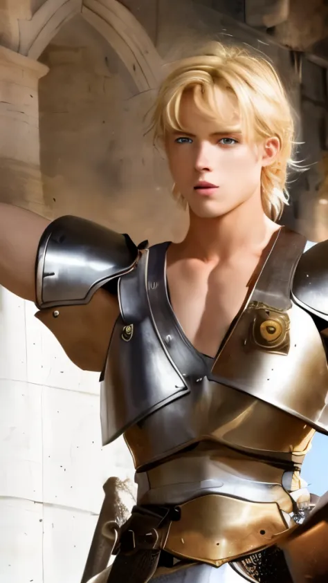 A young man, blond hair, European medieval scene, medieval knight in armor, shirtless, pecs, abs, handsome, attractive boy, Euro...