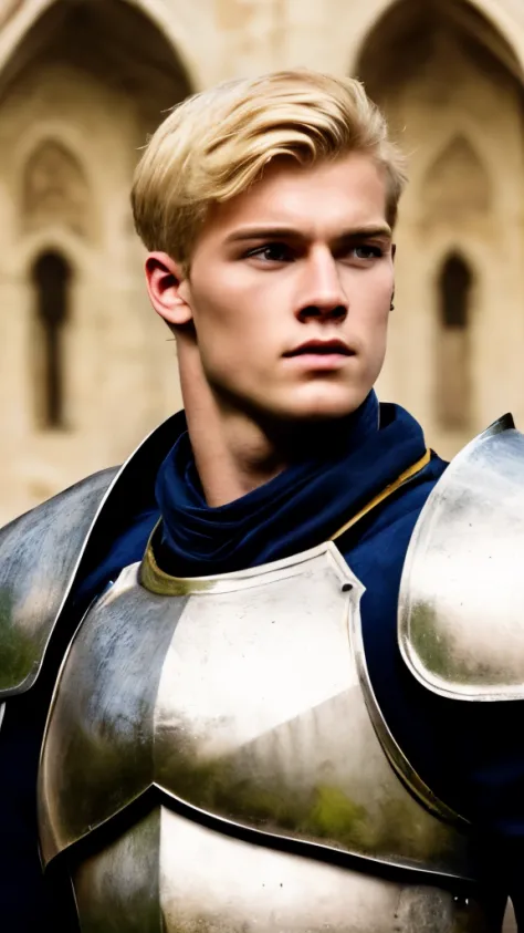 A young man, blond hair, European medieval scene, medieval knight in armor, shirtless, pecs, abs, handsome, attractive boy, Euro...