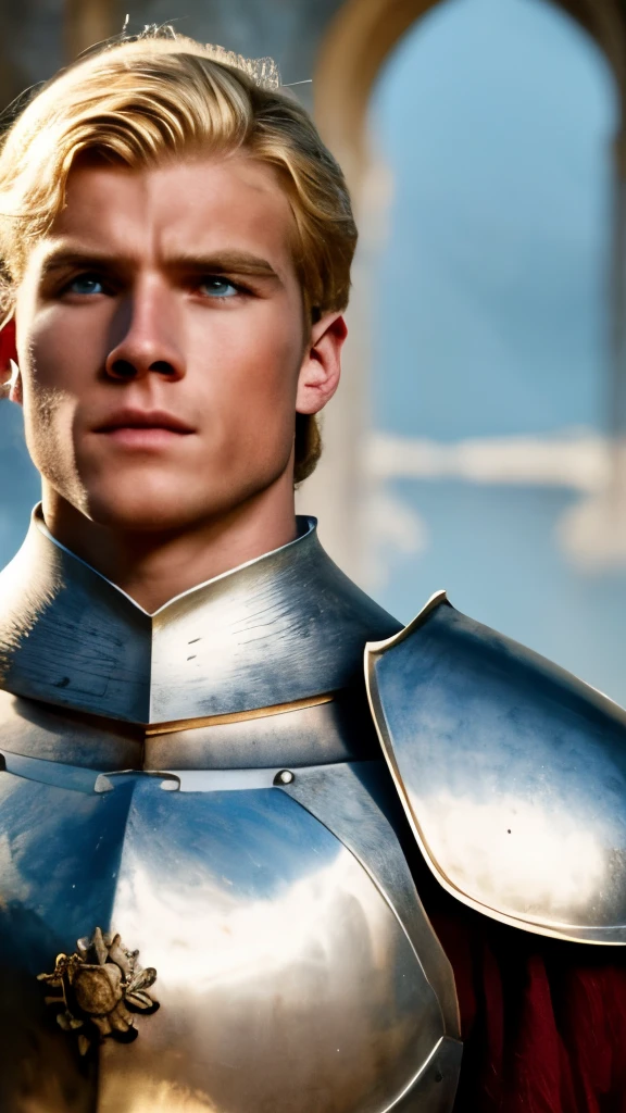 A young man, blond hair, European medieval scene, medieval knight in armor, shirtless, pecs, abs, handsome, attractive boy, European boy, best quality, cinematic, the most handsome boy, strong jaw, harmonious face, focus in the boy, heroic, medieval hero, photo realism, movie scene