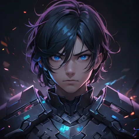 (masterpiece), 8k cg, intricate details, chromatic aberration, ((bust shot)), ((looking at viewer)), 1man, (blue eyes, shaggy black hair, god armor), handsome face, 16 year old, strong face, frown, absurdres, cinematic lighting, dynamic lighting, fantasy, ...