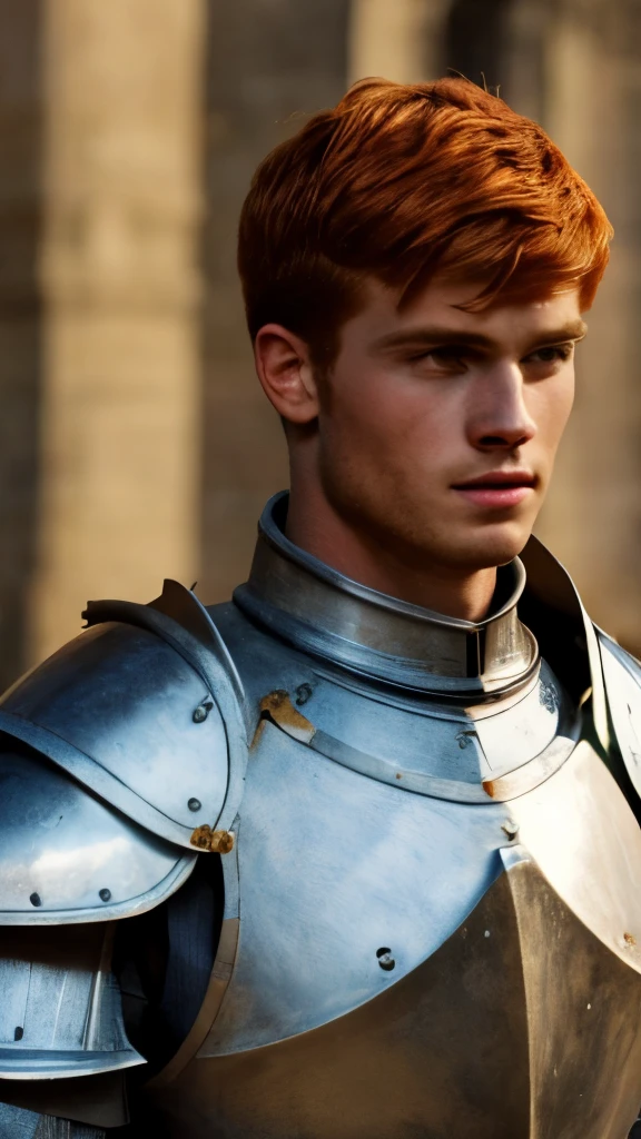A young man, red hair, European medieval scene, medieval knight in armor, shirtless, pecs, abs, handsome, attractive boy, European boy, best quality, cinematic, the most handsome boy, strong jaw, harmonious face, focus in the boy, heroic, medieval hero, photo realism, movie scene, Charming prince