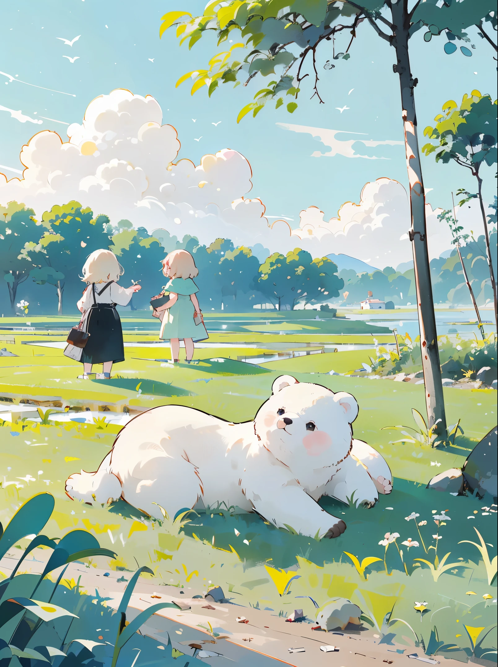 ((several white bears))，(Play in the fields, ricefield，cute white bear, cute girls), Ghibli background style, Yuru Chara style，cute storybook illustration, , gentlesoftlighting, cream, Giorgio Morandi Colors, thick line graph, full-colour illustration, forest picnic, cover illustration, scenecy，trucks，grassy fields，grassy，a plant，dabai style, (lamplight:1.0)，tmasterpiece，Best quality at best,