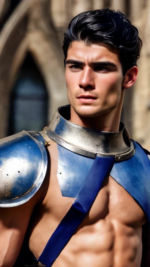 A young man, black hair, European medieval scene, medieval knight in armor, shirtless, pecs, abs, handsome, attractive boy, European boy, best quality, cinematic, the most handsome boy, strong jaw, harmonious face, focus in the boy, heroic, medieval hero, photo realism, movie scene, Charming prince, tanned skin, strong jaw