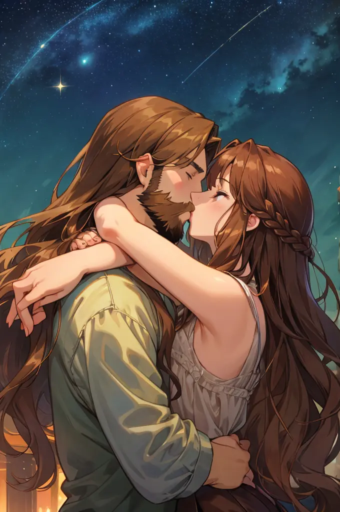 Draw a couple kissing. The man has very long brown hair and a 3-day beard. The woman has shoulder-length brown hair. In the back...