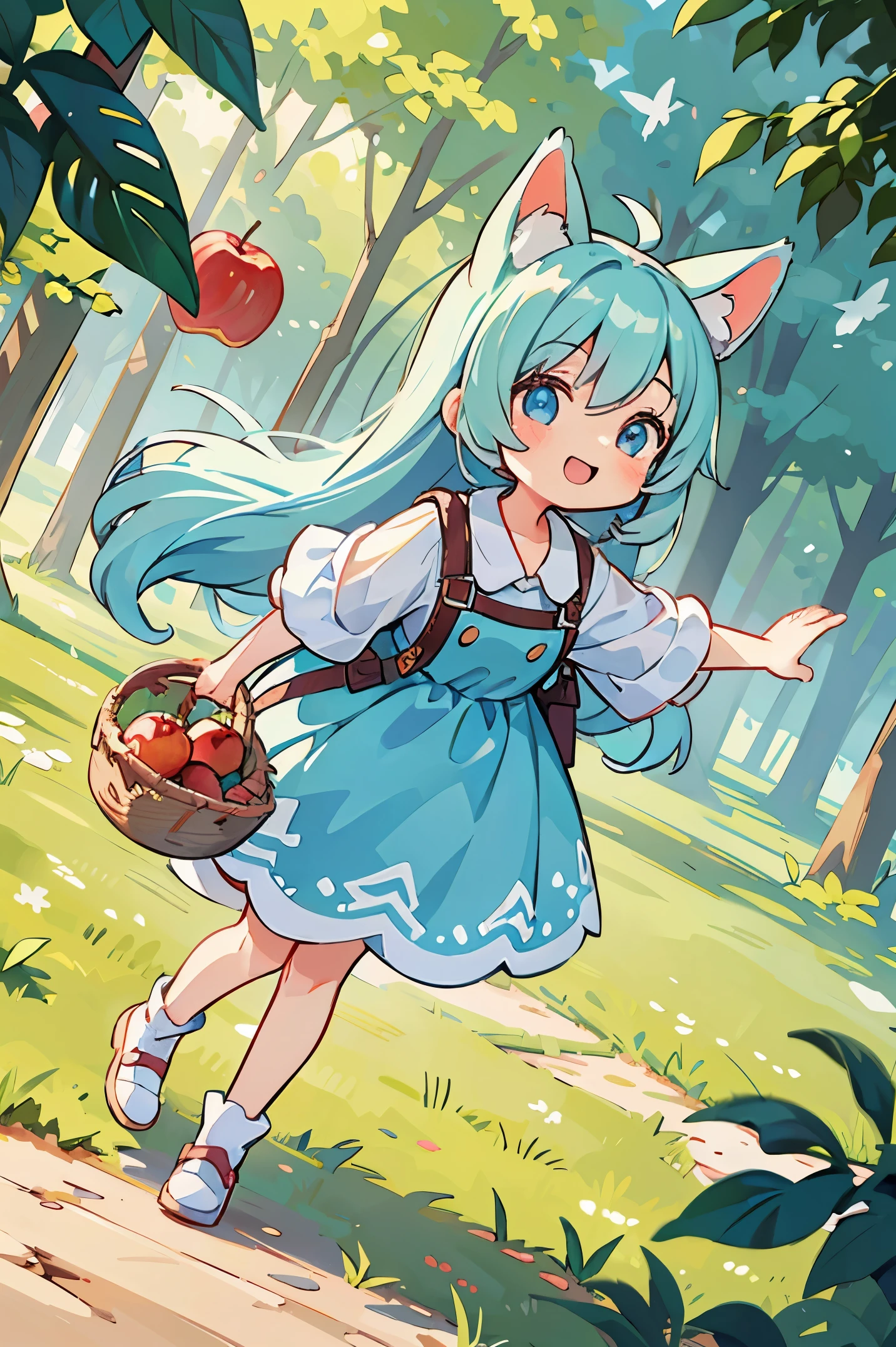 Girl dressed to go on an adventure、Light blue long hair、Twin-tailed、adorable smiling、bustup、Walking while humming、Looks like a lot of fun、There is a basket with apple pie、Take low-angle shots