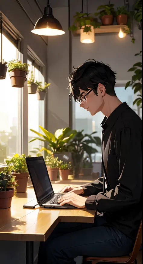 Lo-fi aesthetic, Guy with glasses, disheveled black hair, sitting at the table, Works on a laptop, does homework, soft lighting ...