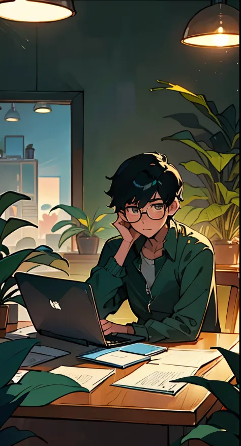 lo-fi aesthetic, guy with glasses, disheveled black hair, sitting at the table, works on a laptop, does homework, soft lighting ...