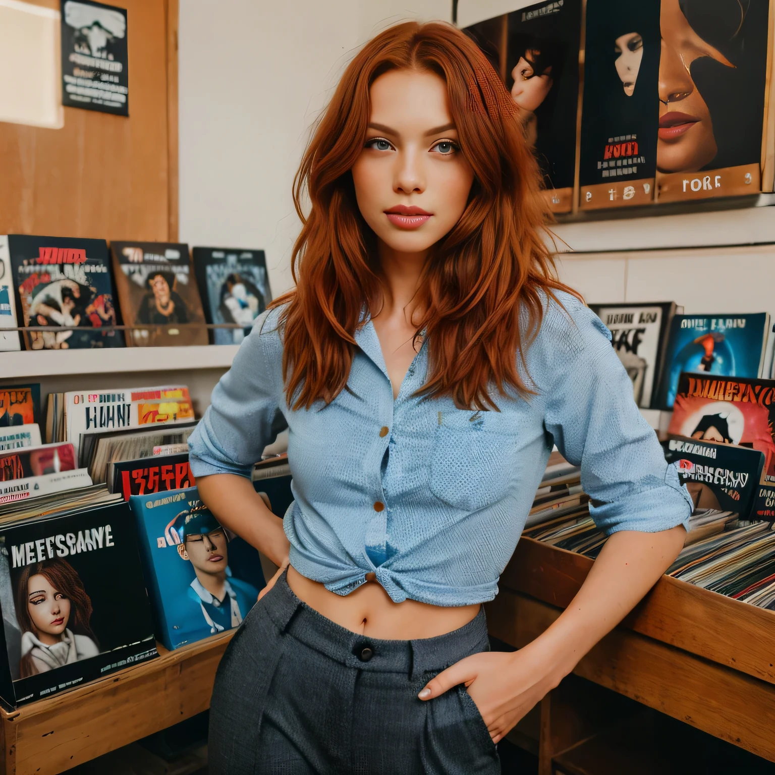 a photo of a seductive woman with loose styled redhead hair, posing in record shop, she is wearing Button-up Shirt and Trousers, intricate details, goosebumps, flawless face, shy, prude, (light freckles:0.9), ((photorealistic):1.2), raw
