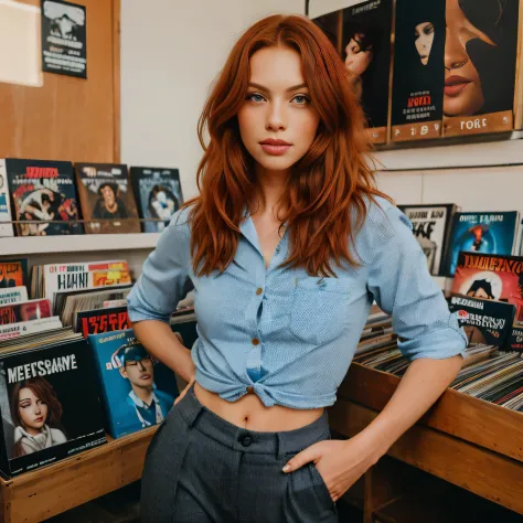a photo of a seductive woman with loose styled redhead hair, posing in record shop, she is wearing Button-up Shirt and Trousers,...