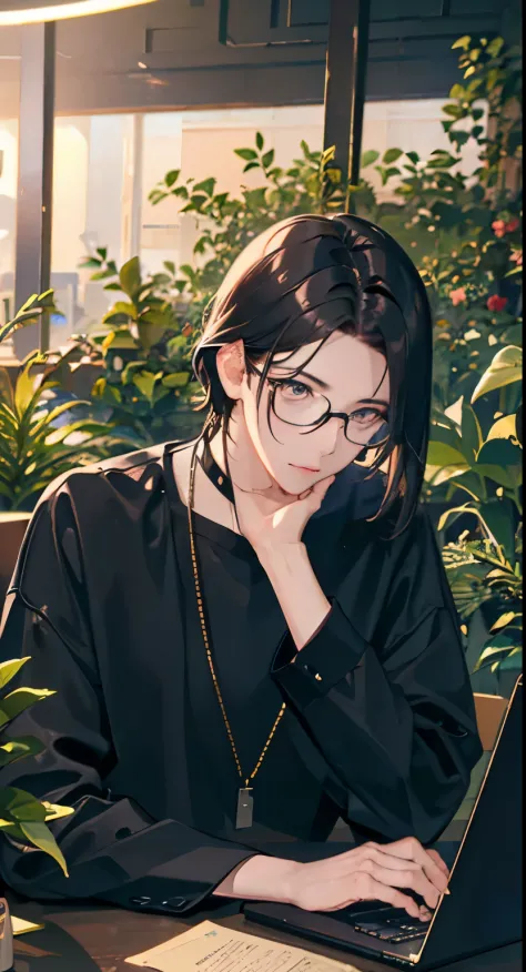 Lo-fi aesthetic, Guy with glasses, disheveled black hair, sitting at the table, Works on a laptop, does homework, soft lighting lamps, plants everywhere, plant in the foreground, evening, lo-fi cafe
