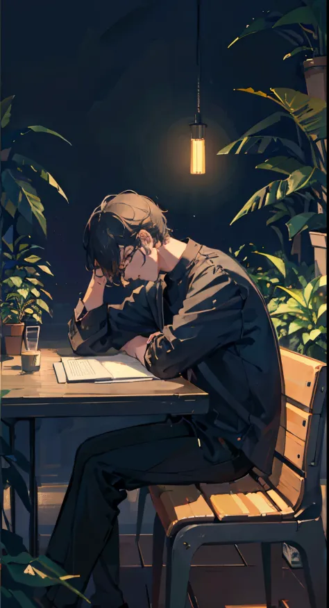 Lo-fi aesthetic, Guy with glasses, disheveled black hair, sitting at the table, Works on a laptop, does homework, soft lighting ...