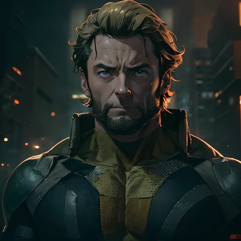 (masterpiece), 8k cg, intricate details, chromatic aberration, ((bust shot)), ((looking at viewer)), 1man, (Hugh Jackman, brown eyes, shaggy blonde hair, body suit), handsome face, strong face, frown, side burns, Wolverine, absurdres, cinematic lighting, dynamic lighting, fantasy, ((dark background, fog))