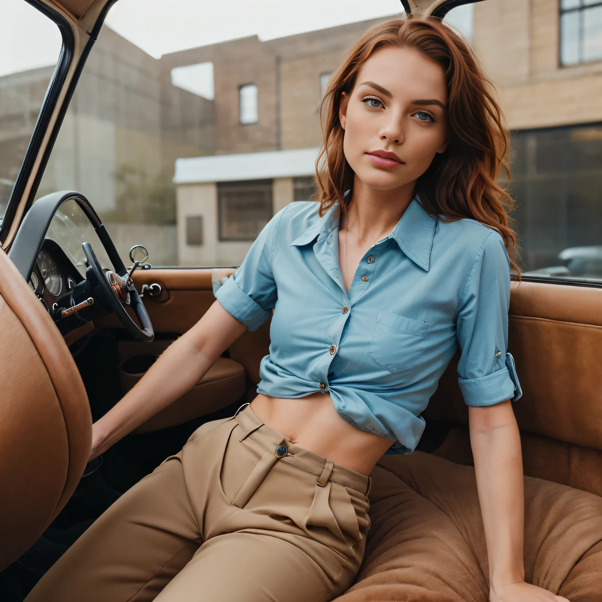 uma foto de uma mulher sedutora com cabelo ruivo solto, posando na traseira de um carro antigo, ela está vestindo camisa e calças de botão, detalhes intrincados, arrepio, rosto impecável, tímido, prude, (sardas claras:0.9), ((fotorrealista):1.2), CRU