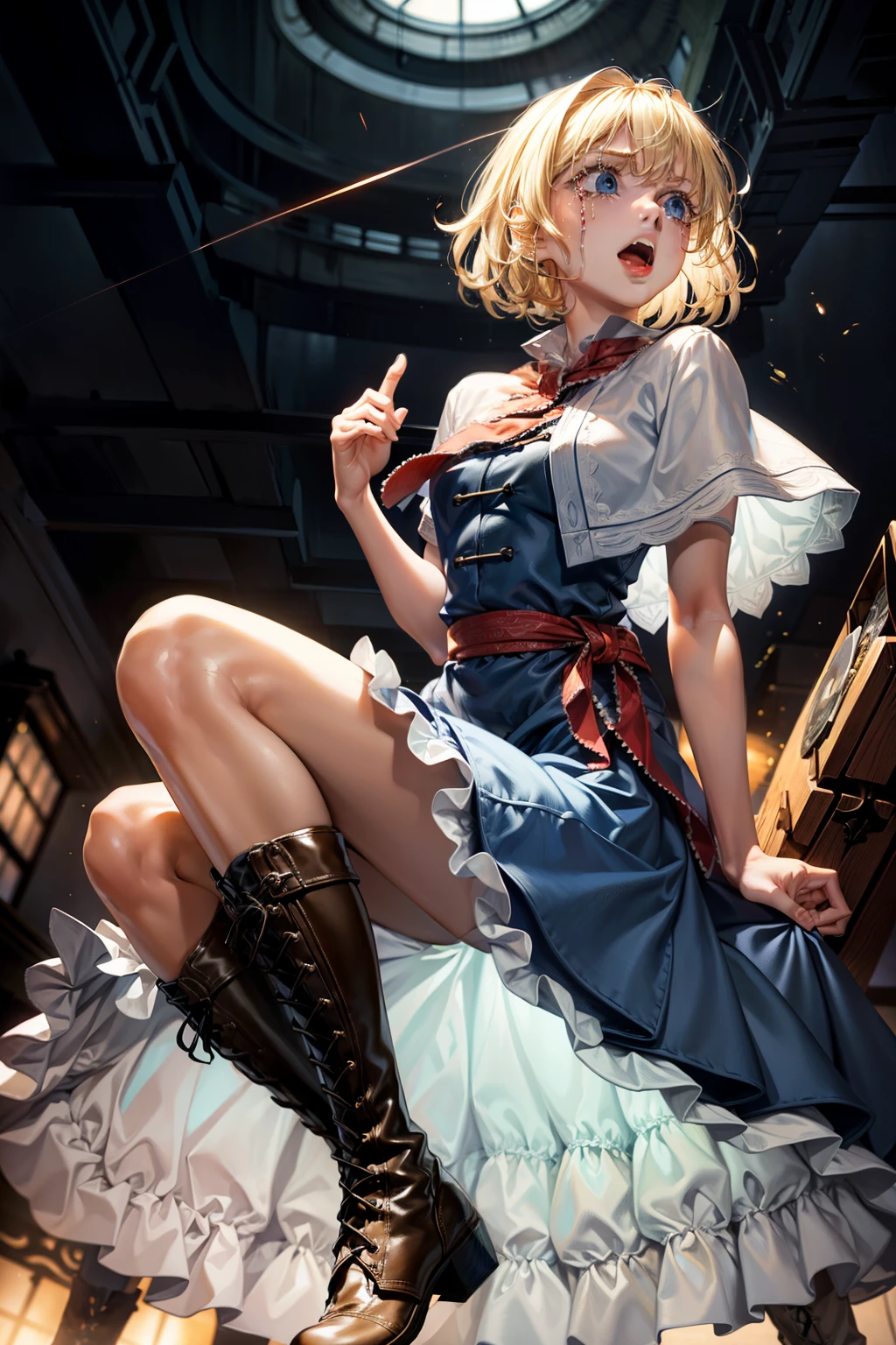 (masterpiece, top quality, best quality, beautiful and aesthetic:1.2), alice margatroid, 1girl,blonde hair, blue eyes, capelet, boots,dress,sash, bow, hair bow, short hair, cross-laced footwear, blue dress, lace-up boots, full body, japanese architecture, surprised, :o, beam, laser, glaring body, open box, box, open mouth, jaw drop, wide-eyed, panicking, horrified, screaming, sobbing, traumatized, turn pale, wavy mouth, glowing, glow, outer glow