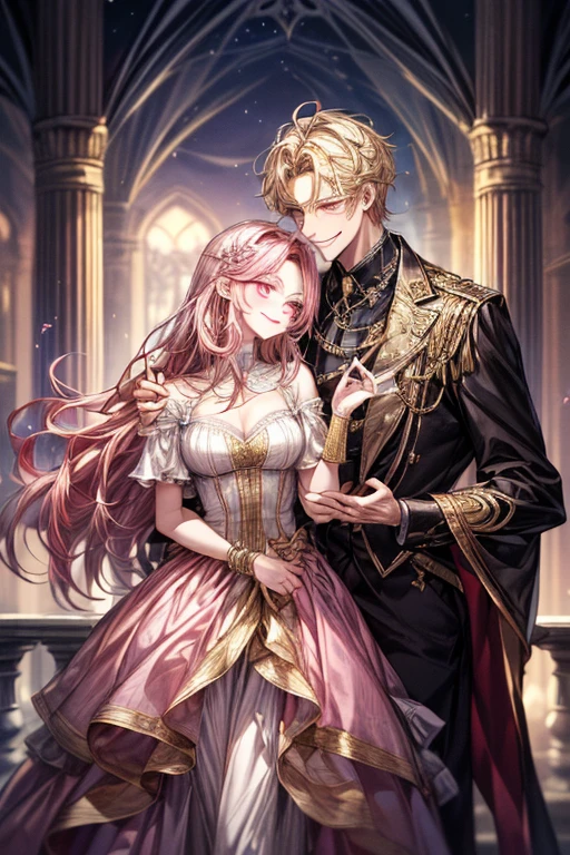 (1male people：Piercing in one ear only,、a blond、Golden Eyes、a smile、tall、tall、Tall、a handsome、refreshing)、(1female：long pink hair、Pink eyes、short、Best style、F-cup)、(((a couple、Flirting)))、a smile