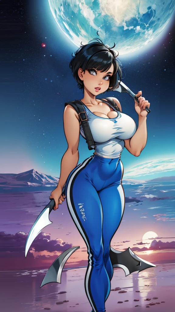 Beautiful girl with short black hair.  She is wearing a white tank top and a blue jumpsuit.Another planet background. big tits. He has a scythe in his right hand