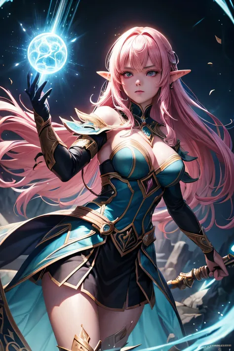 high quality fantasy anime photography, elven sorceress girl casting black energy streak with black light fragments, shooting enemy, emitting from glowing vertical magic circle in front of her magic staff, beautiful face, beautiful eyes, pink hair, highly ...