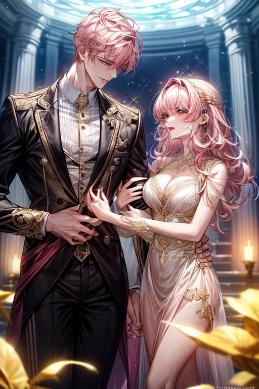 ((1male people：Piercing in one ear only,、Golden hair、tall、tall、Tall、a handsome、refreshing))、((1female：Pink hair、Long、short、Best style、F-cup、Sheer dress))、(((a couple、Flirting)))、