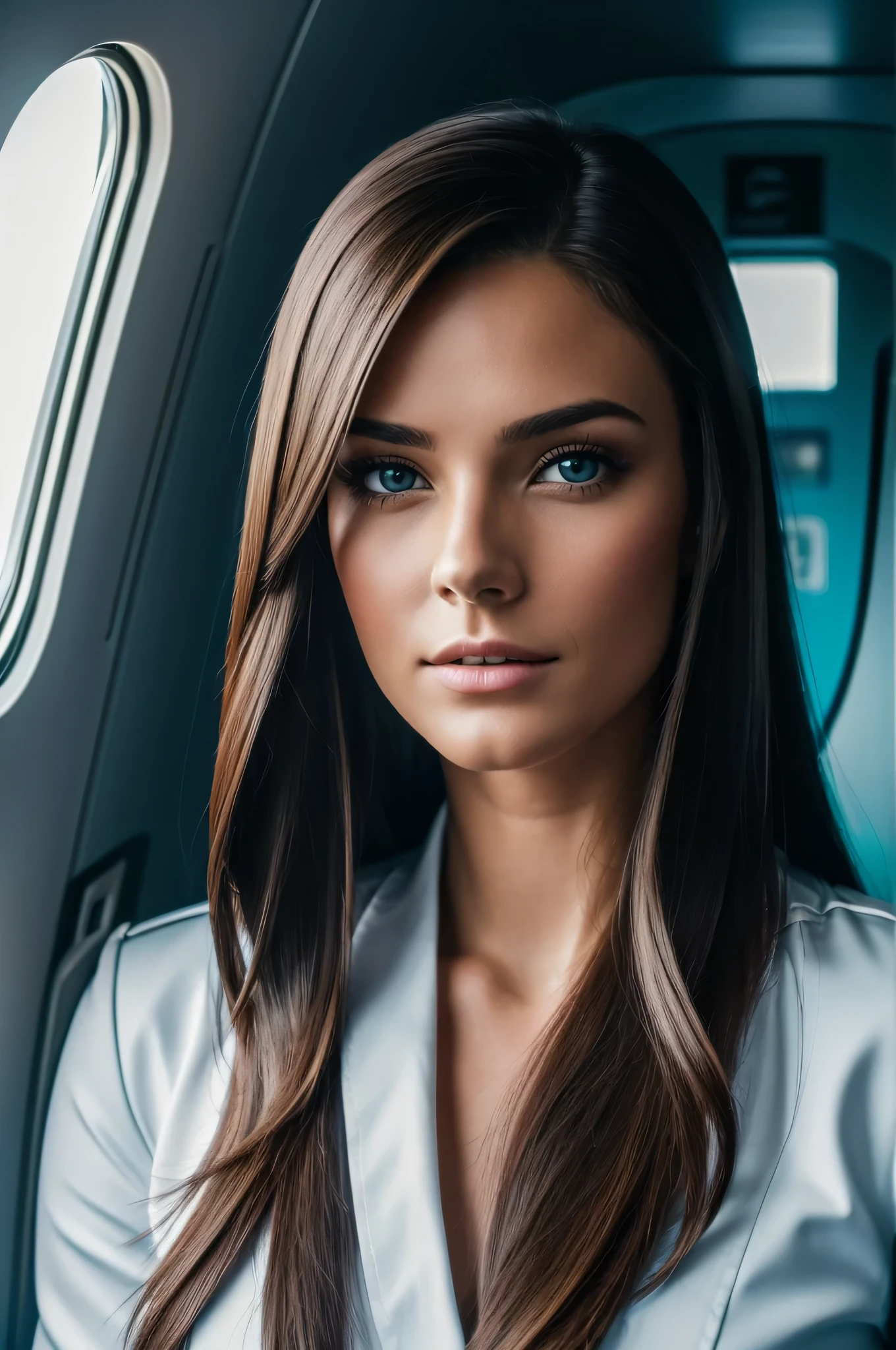RAW portrait photo of 1 brunette woman with long hair, standing, in an aeroplane, wearing an airhostess uniform, cyberpunk neon lights lighting, profile image, russian supermodel, medium firm breasts, I am, reveals your body, transparentes, highy detailed, skin imperfections:1.1), detailed, specular illumination, dslr, ultra quality, sharp focus, grain of film, Sharp features, soft natural lighting, magic photography, natural lightting, Photo realism, ultra detali, 8K, best qualityer, Ultra Alto Nadaolution, (fotorrealisitic: 1.4), high resolution, detailed, raw-photo, sharp re, (8K, 4K, best qualityer, Cao Cao, Ultra Cao Cao nada:1.1), (Masterpiece artwork, realisitic, realisitic:1.1), Raw 50&#39;s style
