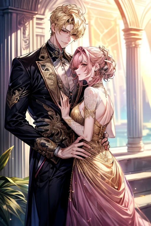 ((1male people：Piercing in one ear only,、(Golden hair)、tall、tall、Tall、a handsome、refreshing))、((1female：Pink hair、Long、short、Best style、F-cup、Sheer Dresses))、(((a couple、Flirting)))、