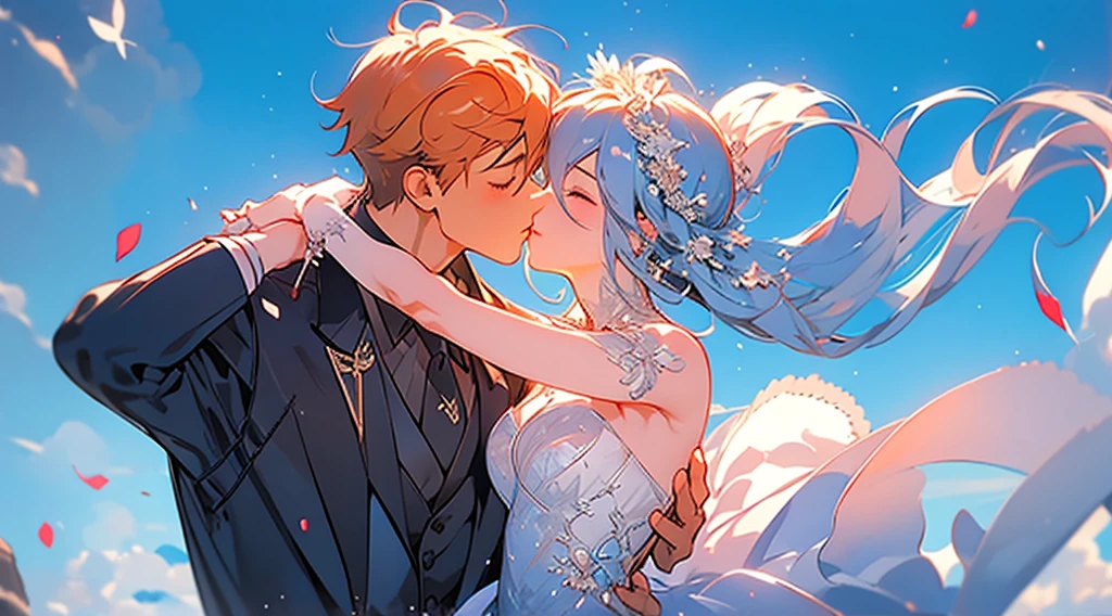 ​master piece,Best Quality,flirt、Male and female couples、Dynamic Pose、Intense kiss、girl with(White hair,short-hair,kawaii、veils、weddingdress、Smile,small tits),a handsome man(Orange hair,Boyish hairstyle,tailcoat,well-muscled,Firm shoulder width, cool expression,tall, 33yo)、passionate kiss,Body disparity,Blissful、Flower shower,princess carry、blue-sky