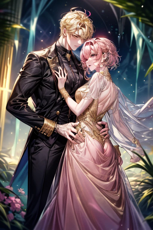 ((1male people：Piercing in one ear only,、(Golden hair)、tall、tall、Tall、a handsome、refreshing))、((1female：Pink hair、Long、short、Best style、F-cup、see-through sexy dress))、(((a couple、Flirting)))、