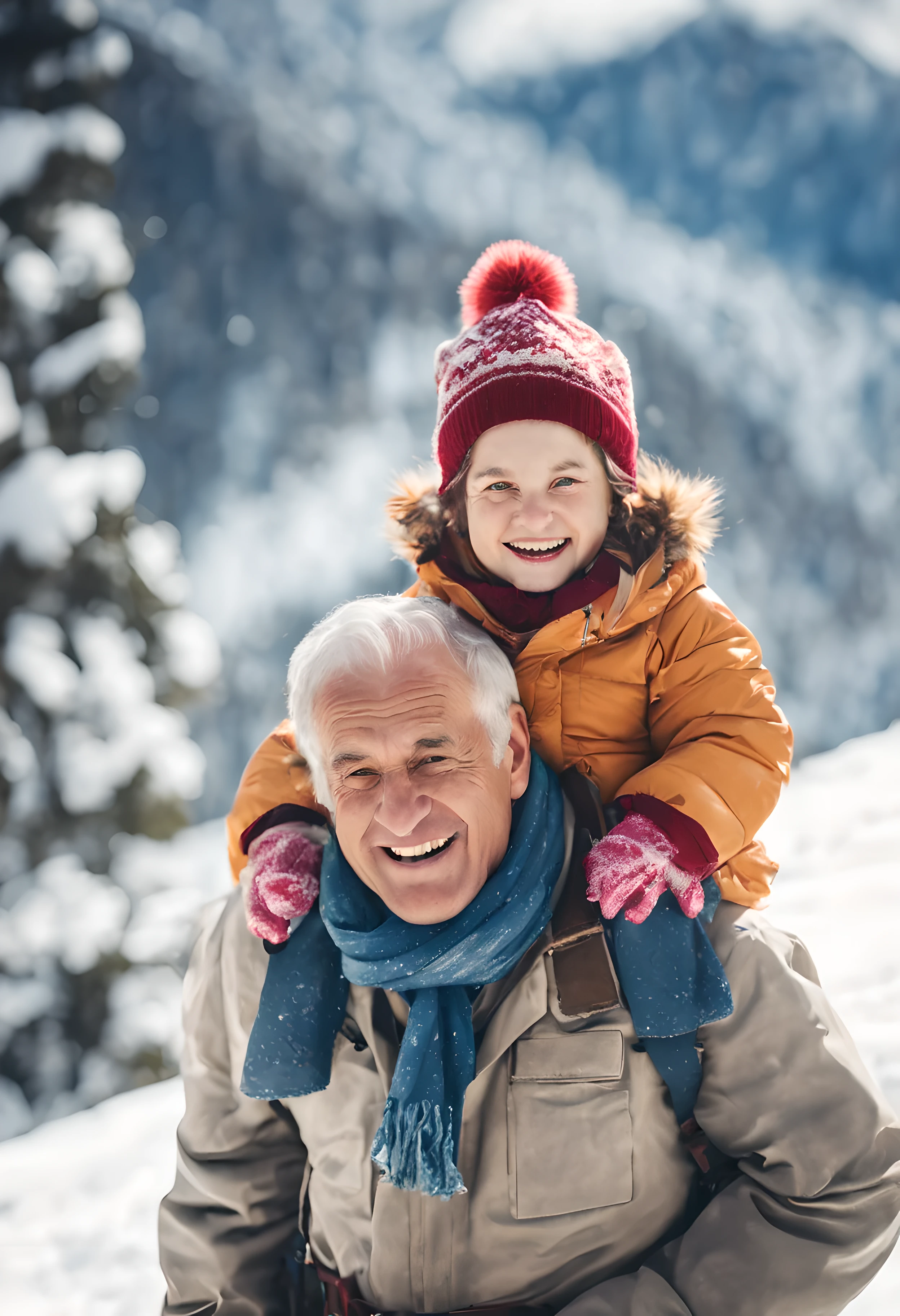 (best quality,4k,8k,highres,masterpiece:1.2),ultra-detailed,(realistic,photorealistic,photo-realistic:1.37),close-up shot of a grandfather with his granddaughter on his shoulders laughing while walking on the snow, alpine scenery, detailed scene, 1girl, snowy landscape, snowy mountains, snowy pine trees, winter wonderland, joyful atmosphere, bright sunlight, crisp air, mountains in the background, cozy winter clothing, winter boots, sunlit snowflakes, laughter in the air, happy family moment, real father and daughter, fun outdoor activity, rosy cheeks, snowy footprints, alpine meadows, mountain peaks, magical ambiance, white winter magic.