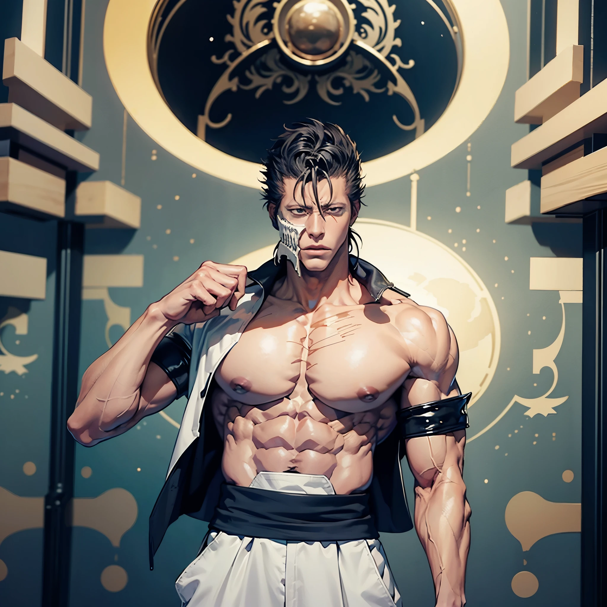 chico anime con un cuerpo musculoso y una camisa ajustada puesta, muscular!!, muscular character, Estilo baki! Blanco, alto!, Super buff y cool, musculatura, big biceps, Science-Fiction, Mysterious character, epica pose de anime, fuerte e imponente, pose fuerte, Arte de anime limpio y detallado, large musculatura