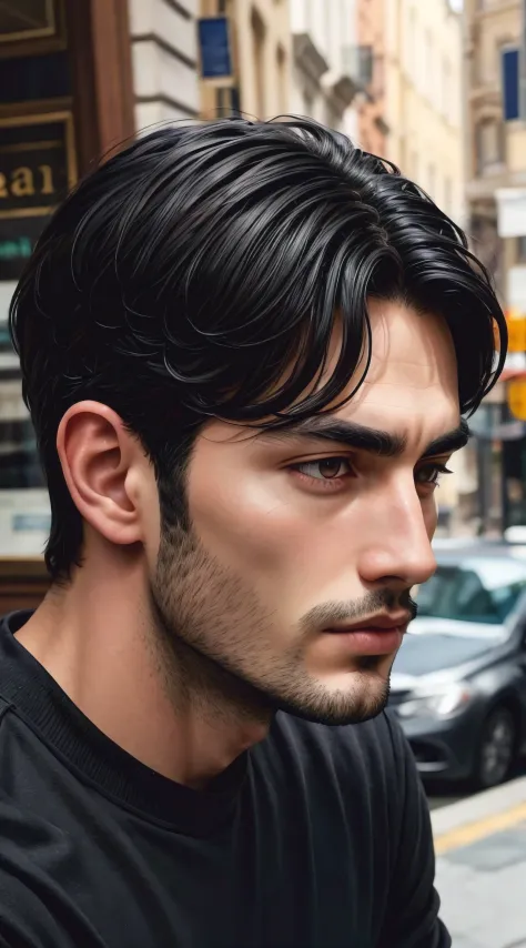 (front view) very detailed  photograph of a italian man, detailed coffee shop background, (with black hair), (dark eyes) (symmetric handsome face) nice and well defined nose, (well marked and angular jaw), proportioned and full lips, stunning realistic pho...