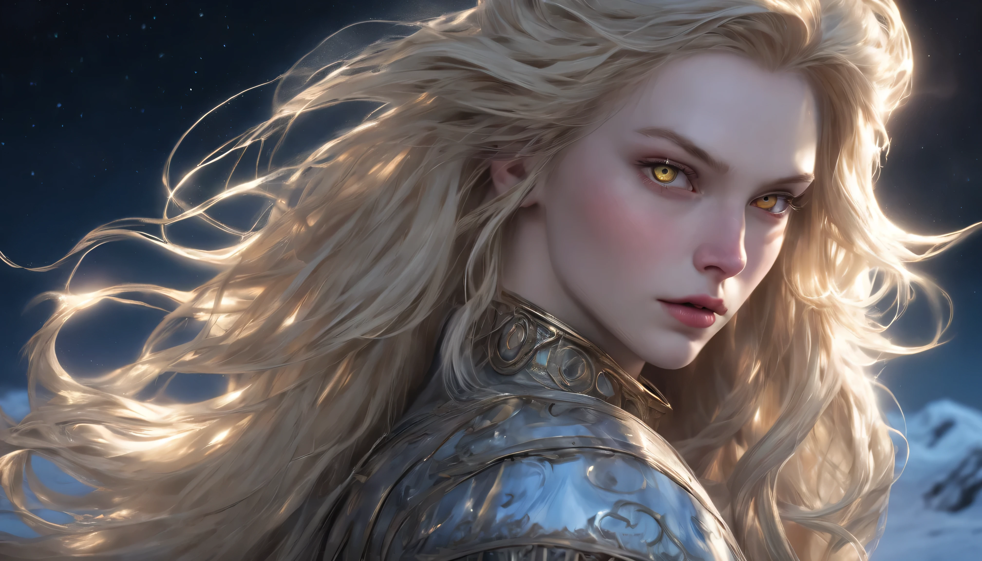 PHOTOGRAPH OF THE FACE OF A BEAUTIFUL PALE BLONDE BOMBSHEL VALKYRIE, ENORME CABELO LONGO, perder cabelo, efeito vento, very pale skin, olhos amarelos claros, Sobrancelhas loiras, bochechas rosadas, high cheekbones, FORAME MENTAL, Lips Voluminous E MACIOS, nariz fino, Lips Voluminous, boca fechada, exposed neck, NECK CLEANING, COLAR DE CHOKE DOURADO, serious face, Looking at camera, CLOSE FACE VIEW, Vista frontal da face, North Pole, aurora boreal, night sky background, imagem precisa, master part