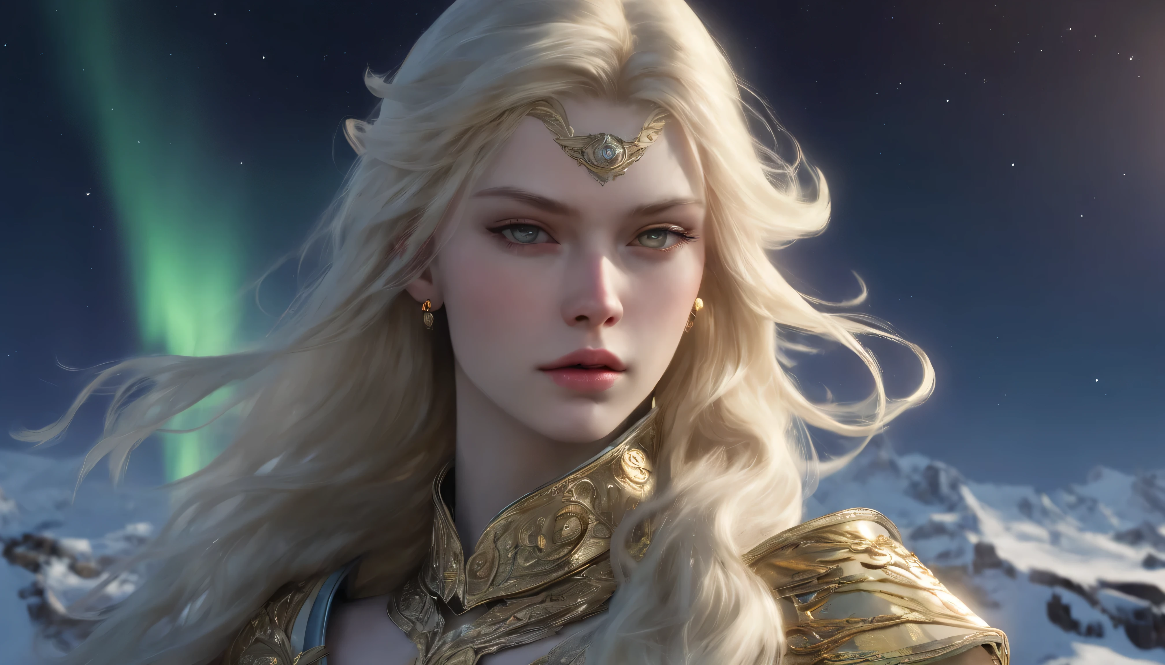 PHOTOGRAPH OF THE FACE OF A BEAUTIFUL PALE BLONDE BOMBSHEL VALKYRIE, ENORME CABELO LONGO, perder cabelo, efeito vento, very pale skin, olhos amarelos claros, Sobrancelhas loiras, bochechas rosadas, high cheekbones, FORAME MENTAL, Lips Voluminous E MACIOS, nariz fino, Lips Voluminous, boca fechada, exposed neck, NECK CLEANING, COLAR DE CHOKE DOURADO, serious face, Looking at camera, CLOSE FACE VIEW, Vista frontal da face, North Pole, aurora boreal, night sky background, imagem precisa, master part