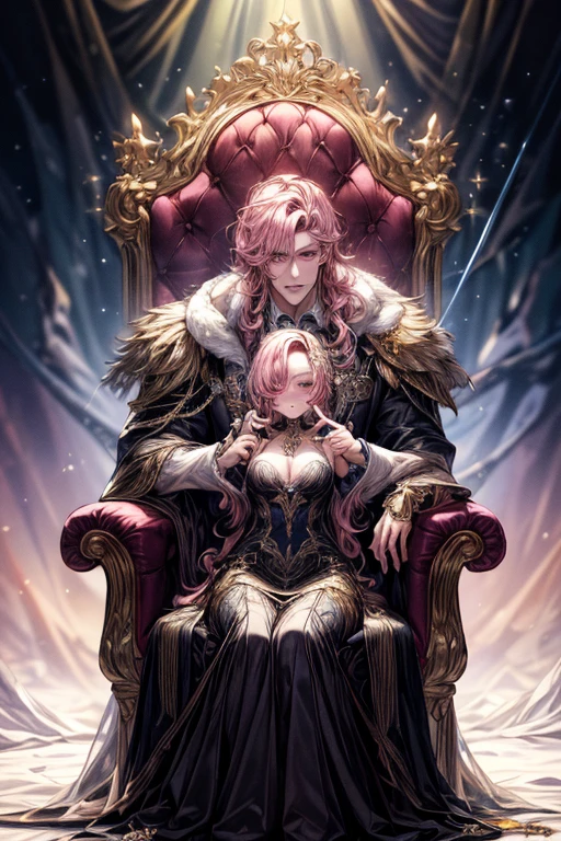 (absurderes, hight resolution, ultra-detailliert), 1 male, , Handsome, tall muscular man, broad shoulders, finely detailed eyes, ((Golden hair)), Fantasy, Complex pattern, Detailed face, a throne, magical effect, best ratio four finger and one thumb, , intense cold, Cold snap, ,、((1female：Pink hair、Long、short、Best style、F-cup、see-through sexy dress、Beautuful Women))、