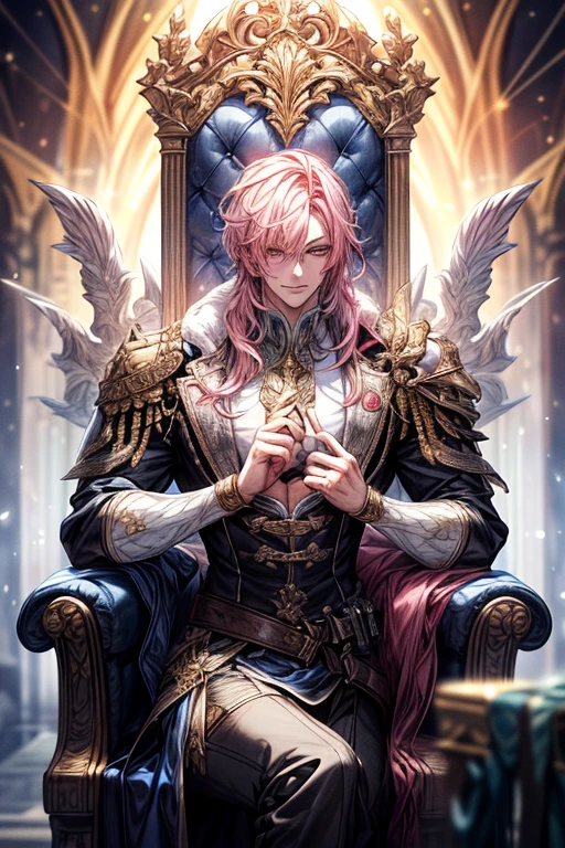 (absurderes, hight resolution, ultra-detailliert), 1 male, , Handsome, tall muscular man, broad shoulders, finely detailed eyes, ((Golden hair)), Fantasy, Complex pattern, Detailed face, a throne, magical effect, best ratio four finger and one thumb, , intense cold, Cold snap, ,、((1female：Pink hair、Long、short、Best style、F-cup、see-through sexy dress、Beautuful Women))、