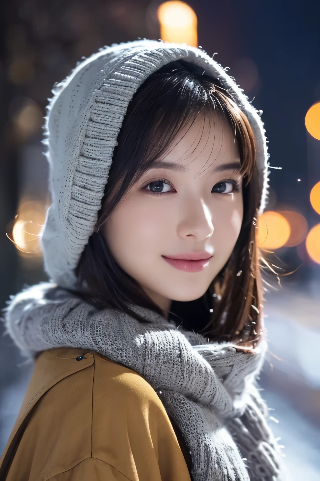 1girl in, (Wear winter clothes:1.2), 
(Raw photo, Best Quality), (Realistic, Photorealsitic:1.4), masutepiece, 
Extremely delicate and beautiful, Extremely detailed, 2k wallpaper, amazing, finely detail, 
the Extremely Detailed CG Unity 8K Wallpapers, Ultra-detailed, hight resolution, Soft light, 
Beautiful detailed girl, extremely detailed eye and face, beautiful detailed nose, Beautiful detailed eyes, Cinematic lighting, 
Winter Night View, Roadside trees in Roppongi Hills with lots of illuminations, It's snowing,
Perfect Anatomy, Slender body,
Straight semi-long hair, Bangs, Looking at Viewer, A slight smil