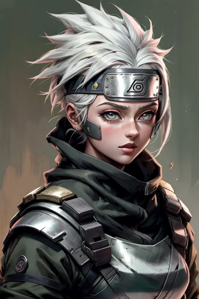 kakashi is a woman , 1st grade, sozinha, foco feminino, brilhar, olhos vermelhos, heterochromatic, looking up at the audience, o...