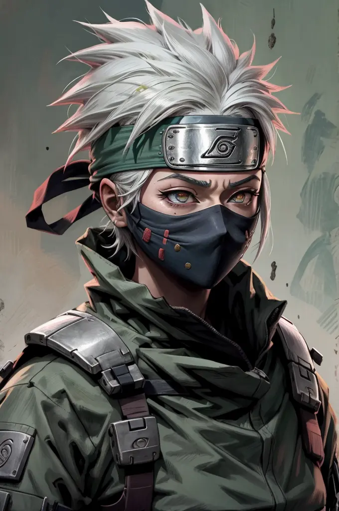 kakashi is a woman , 1st grade, sozinha, foco feminino, brilhar, olhos vermelhos, heterochromatic, looking up at the audience, o...