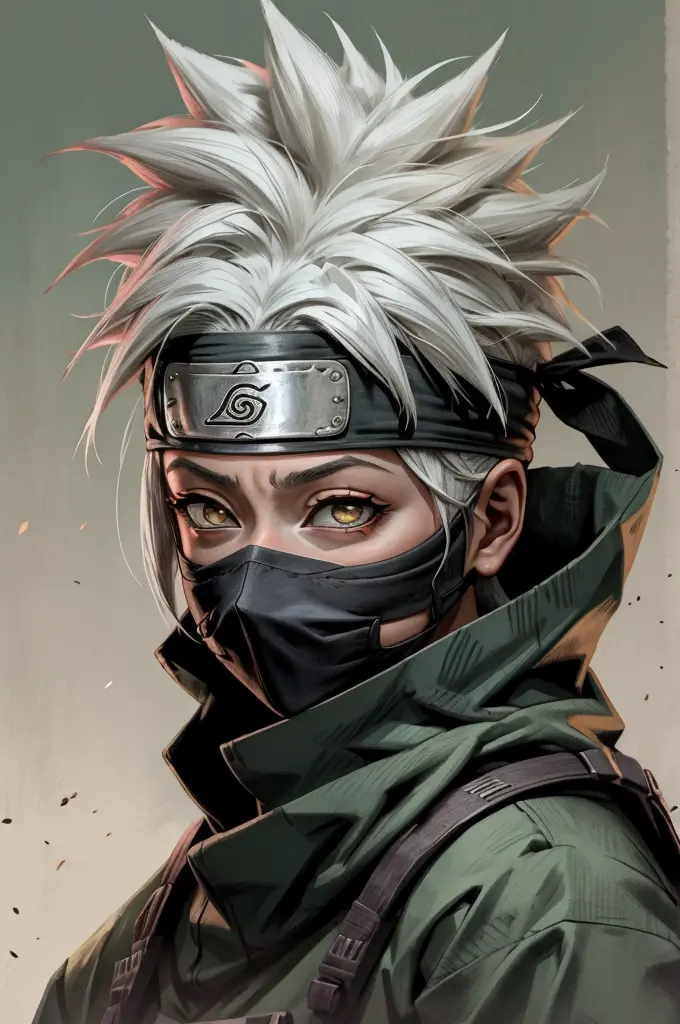 kakashi is a woman , 1st grade, sozinha, foco feminino, brilhar, olhos vermelhos, heterochromatic, looking up at the audience, o...