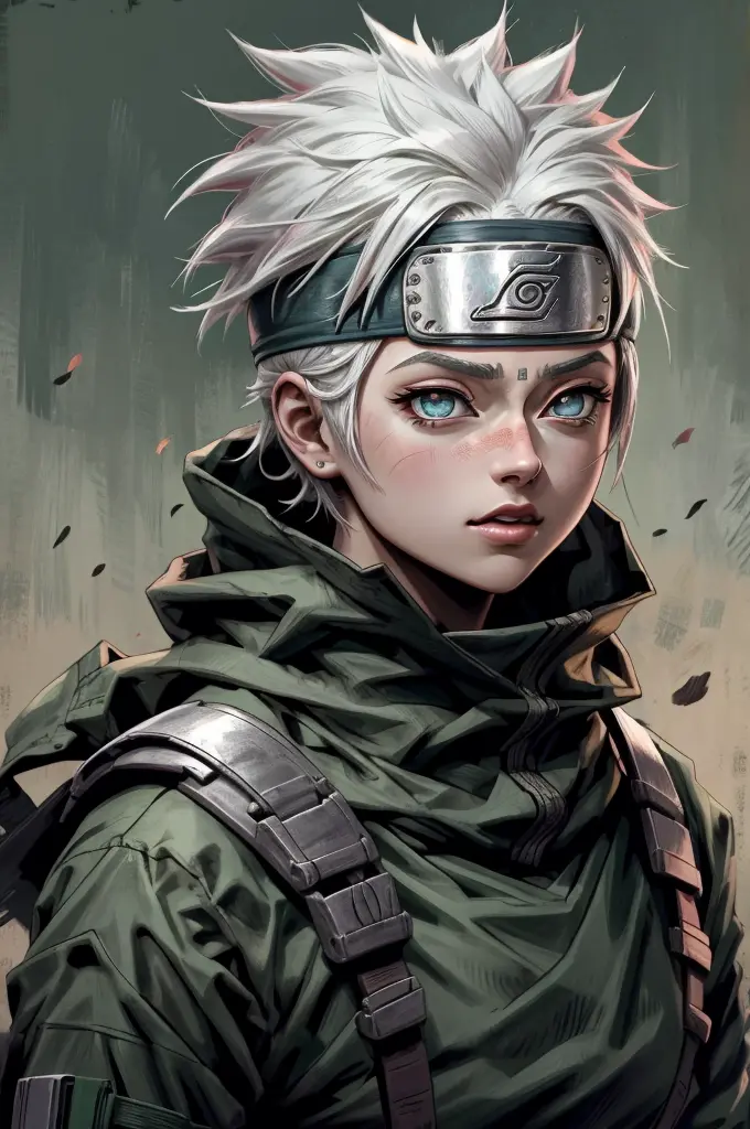 kakashi is a woman , 1st grade, sozinha, foco feminino, brilhar, olhos vermelhos, heterochromatic, looking up at the audience, o...