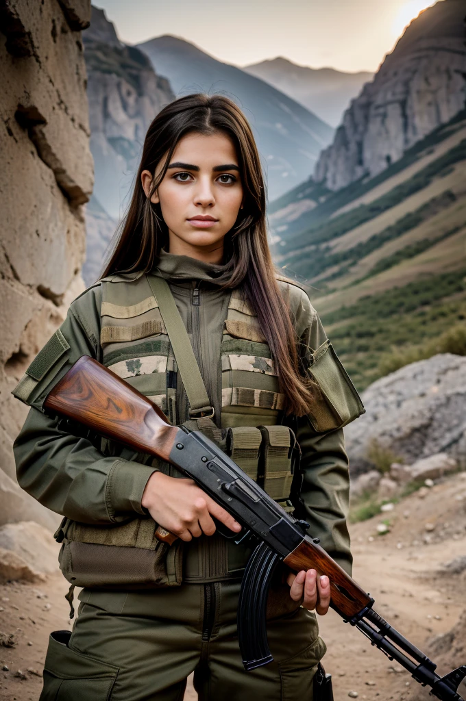 杰作, a 20 years old beautiful arafed woman in a military uniform 拿着 AK47 步枪, 栗色头发, 绿眼睛, 苗条运动员身材, 细致的眼睛, 一名骄傲的库尔德士兵, 西方, 一名女兵的肖像, 女兵的肖像, 美丽的女兵, 库尔德斯坦, 战争中的狙击少女, 拿着 AK47 步枪, 持枪, 双臂交叉, 一位女性护林员的肖像, 肖像照, 作者：Arthur Sarkissian, 坚定的表情, 带着AK47步枪, 带着AK47步枪 in hands, 超高分辨率.真实感:1.4, 超高清, 背景中美丽细致的库尔德斯坦风景