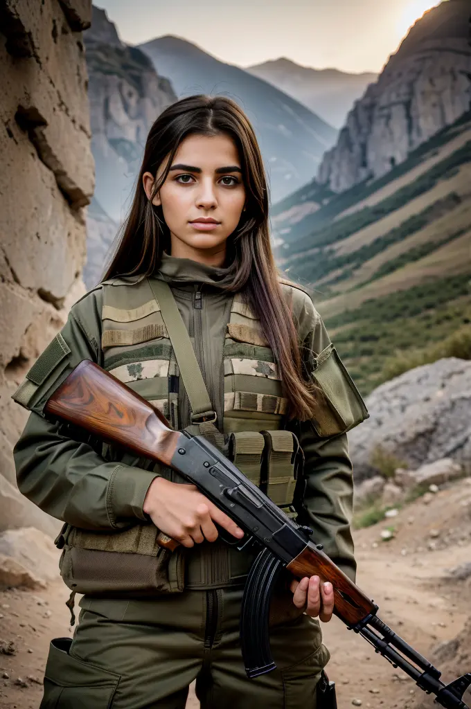Masterpiece, a 20 years old beautiful arafed woman in a military uniform holding an AK47 rifle, chestnut hair, green eyes, slend...